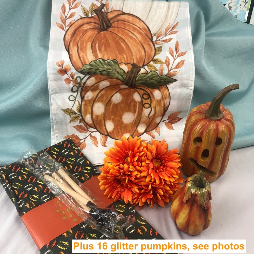 Fall Harvest Halloween Decor Bundle Pumpkin Table Runner Glitter Accents 22pc